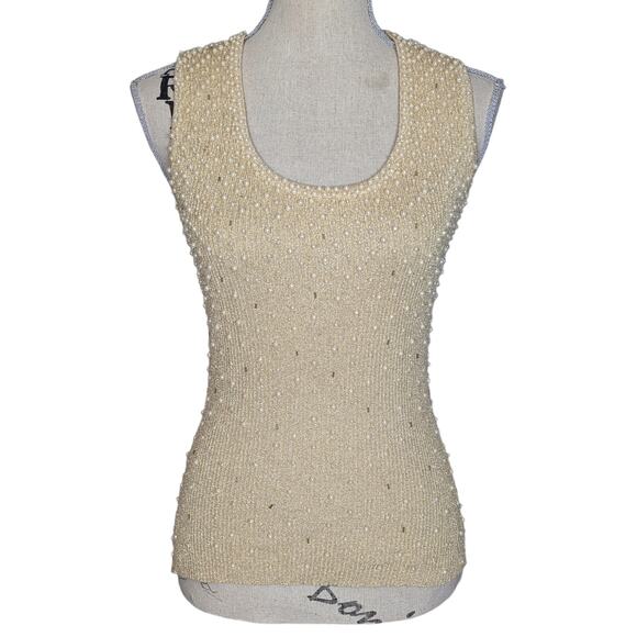 Cache Y2K Scoop Neck Knit Tank with Pearl Beads Gold Size L - Picture 1 of 13